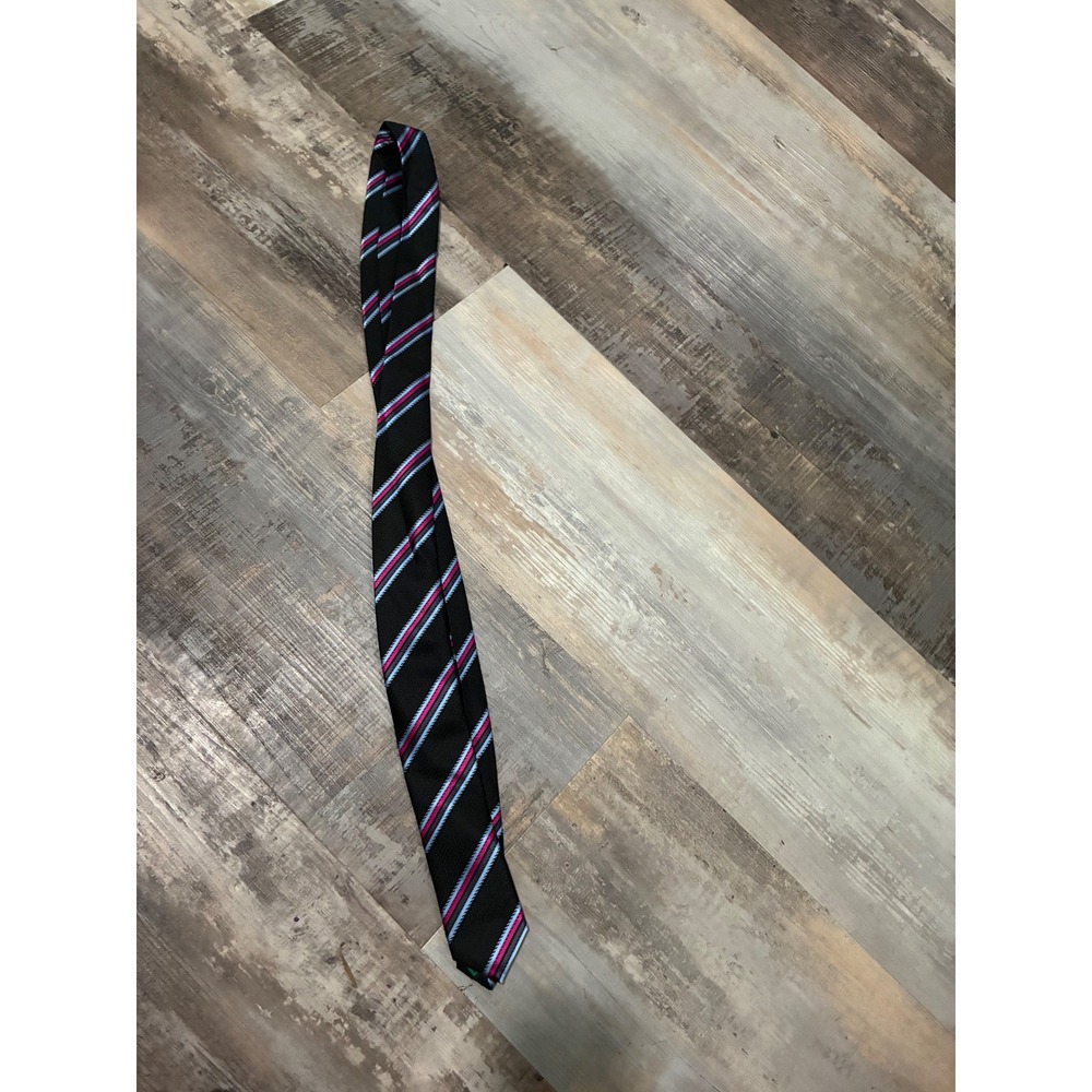 Brand Q Mens Necktie Black Pink Blue Diagonal Striped  Herringbone Italy Design
